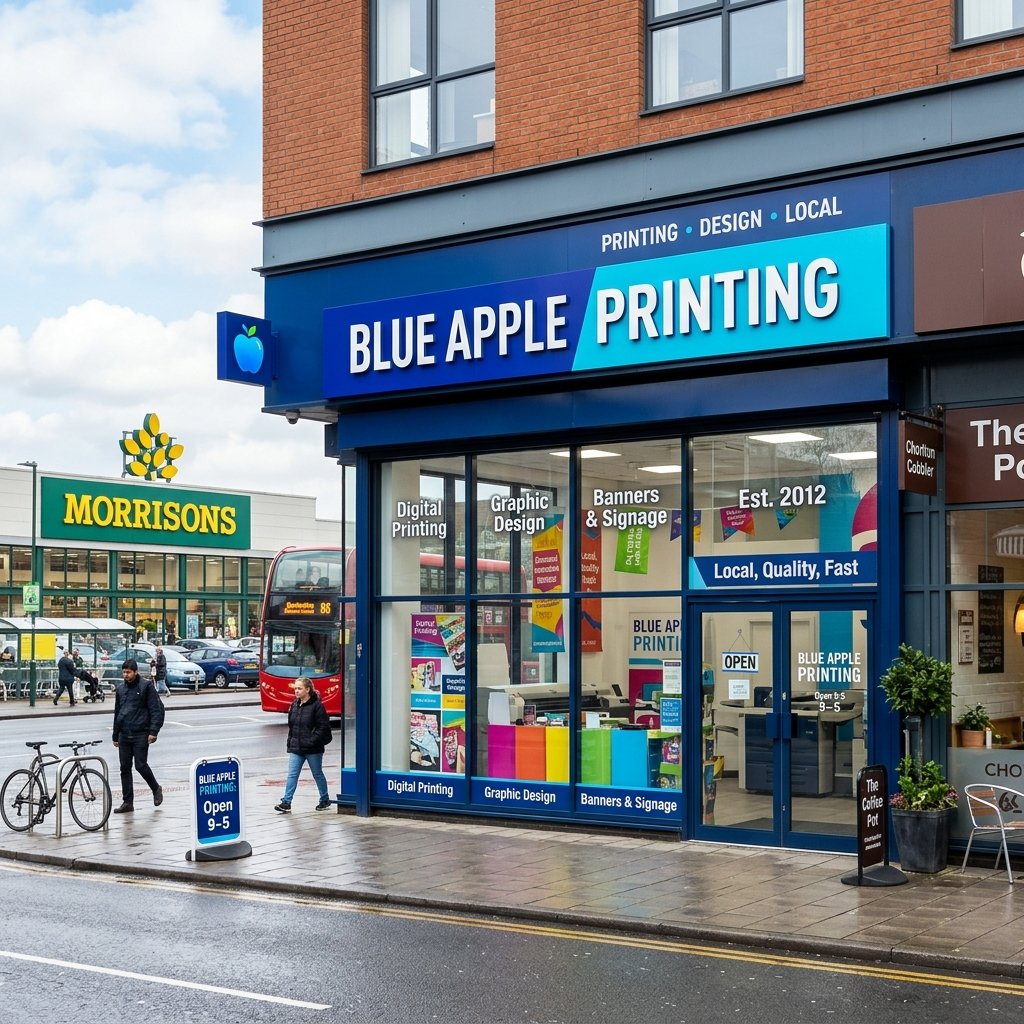 Blue Apple Printing store exterior in Chorlton
